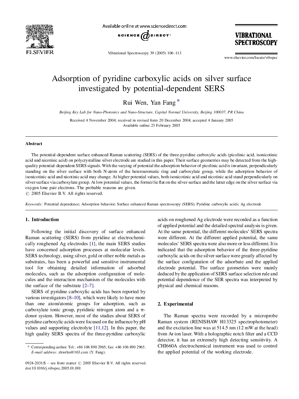 Adsorption of pyridine carboxylic acids on silver surface investigated by potential-dependent SERS