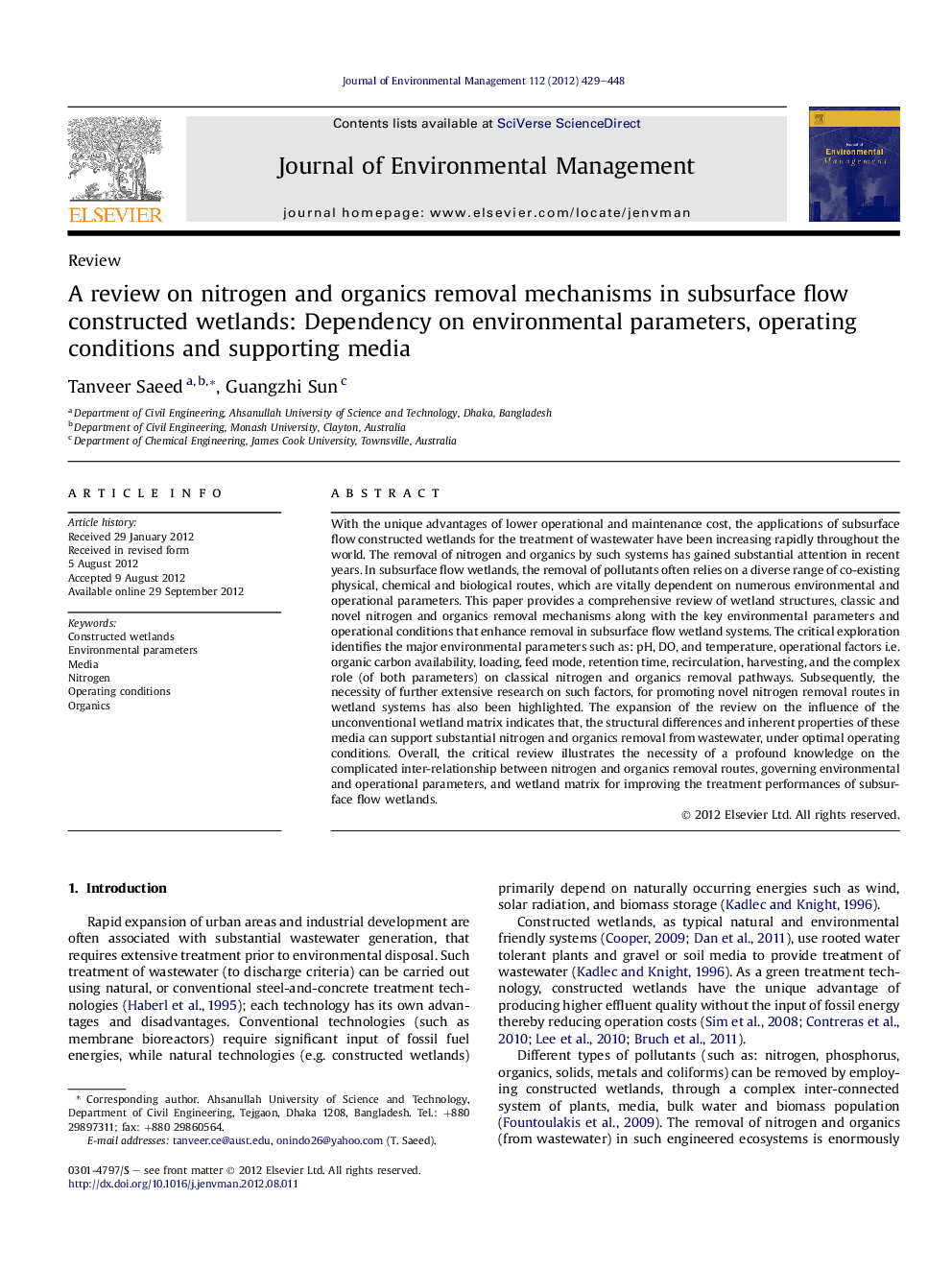 A review on nitrogen and organics removal mechanisms in subsurface flow constructed wetlands: Dependency on environmental parameters, operating conditions and supporting media