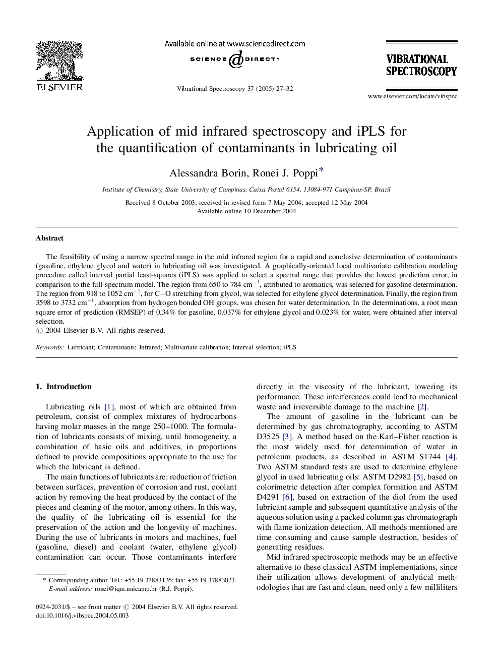 Application of mid infrared spectroscopy and iPLS for the quantification of contaminants in lubricating oil