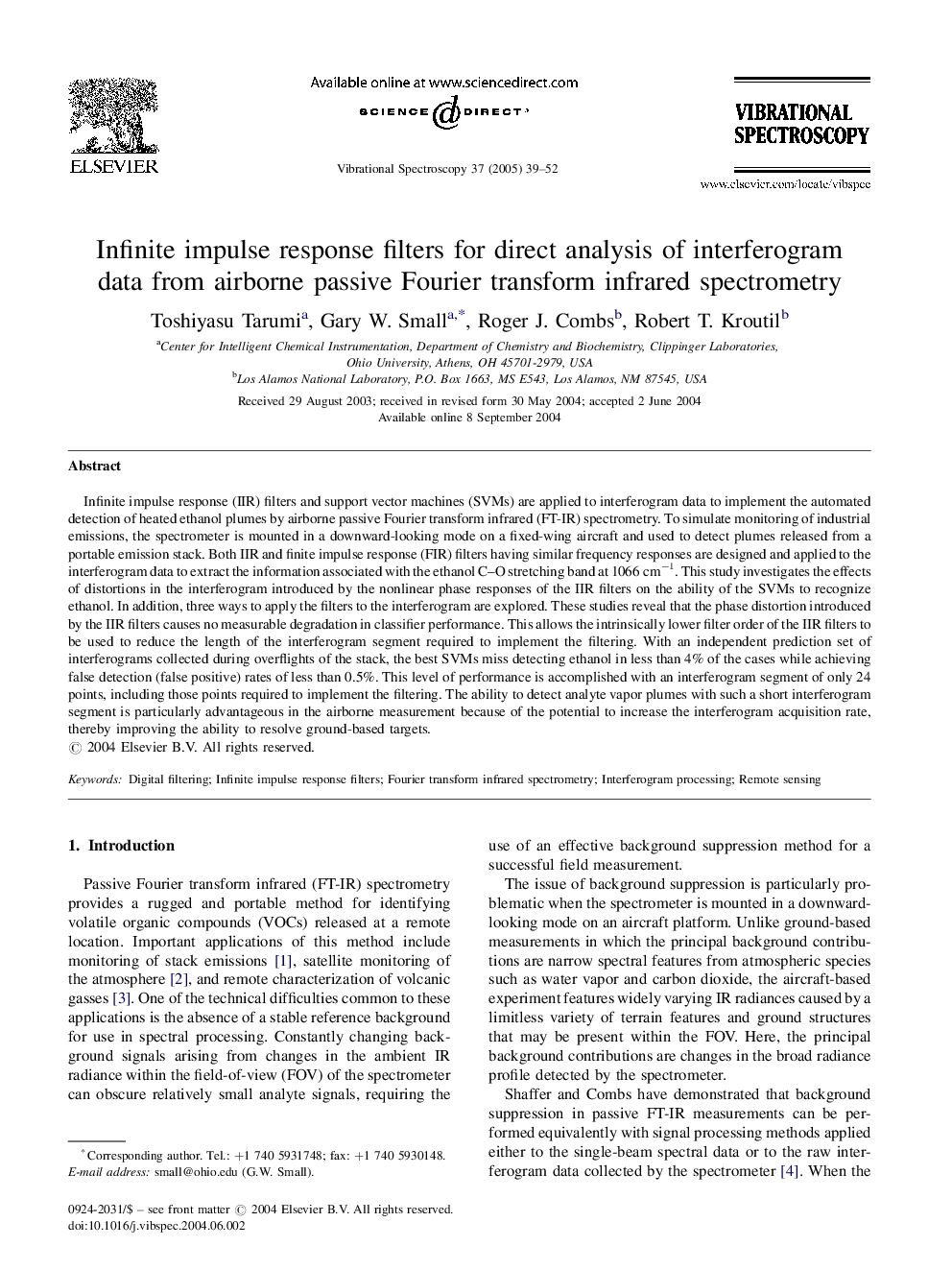 Infinite impulse response filters for direct analysis of interferogram data from airborne passive Fourier transform infrared spectrometry