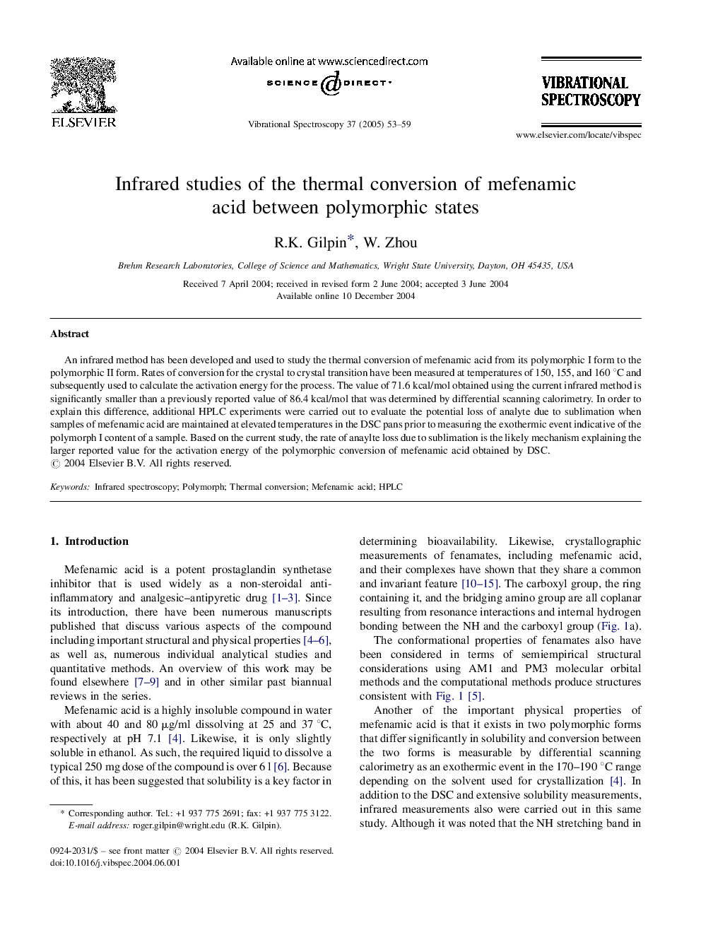 Infrared studies of the thermal conversion of mefenamic acid between polymorphic states