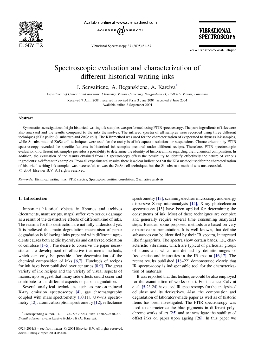 Spectroscopic evaluation and characterization of different historical writing inks