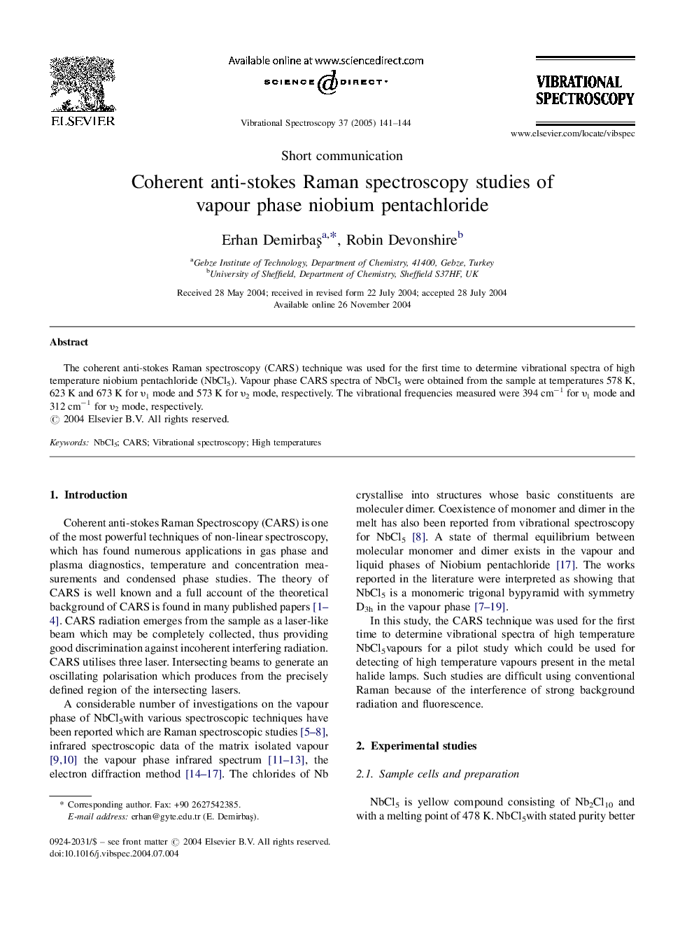 Coherent anti-stokes Raman spectroscopy studies of vapour phase niobium pentachloride