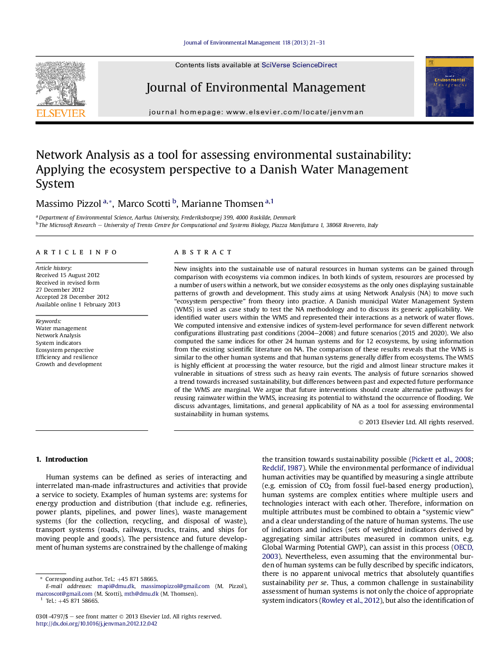 Network Analysis as a tool for assessing environmental sustainability: Applying the ecosystem perspective to a Danish Water Management System