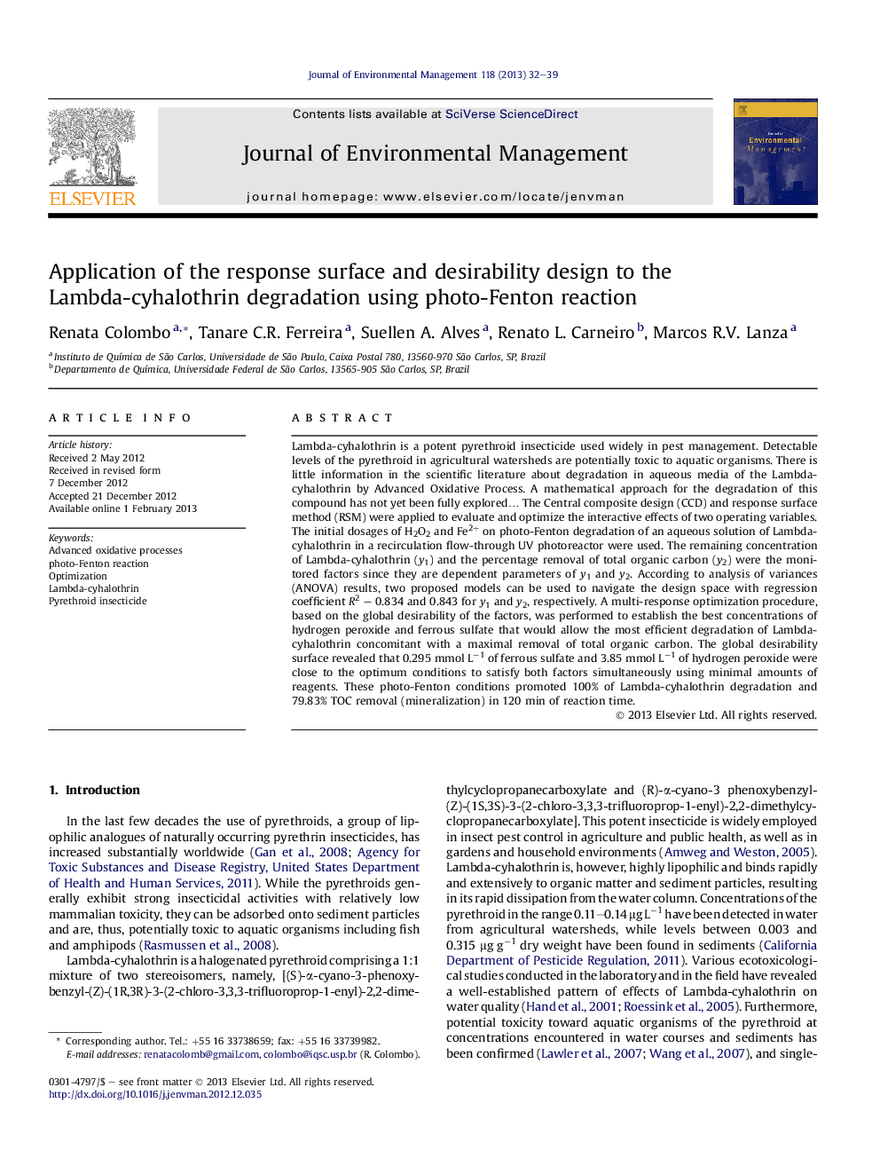 Application of the response surface and desirability design to the Lambda-cyhalothrin degradation using photo-Fenton reaction