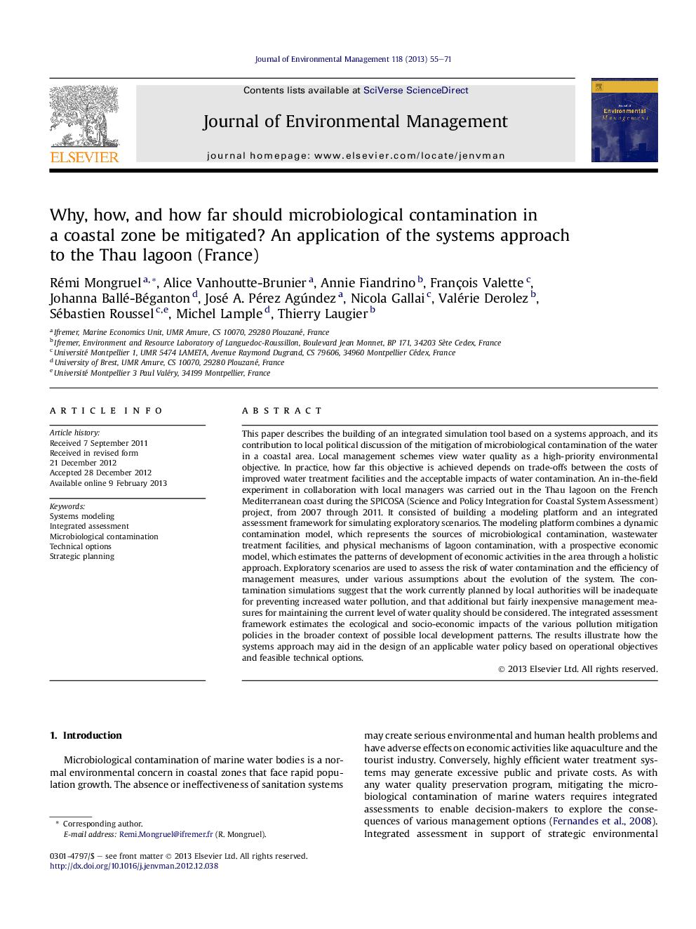 Why, how, and how far should microbiological contamination in a coastal zone be mitigated? An application of the systems approach to the Thau lagoon (France)