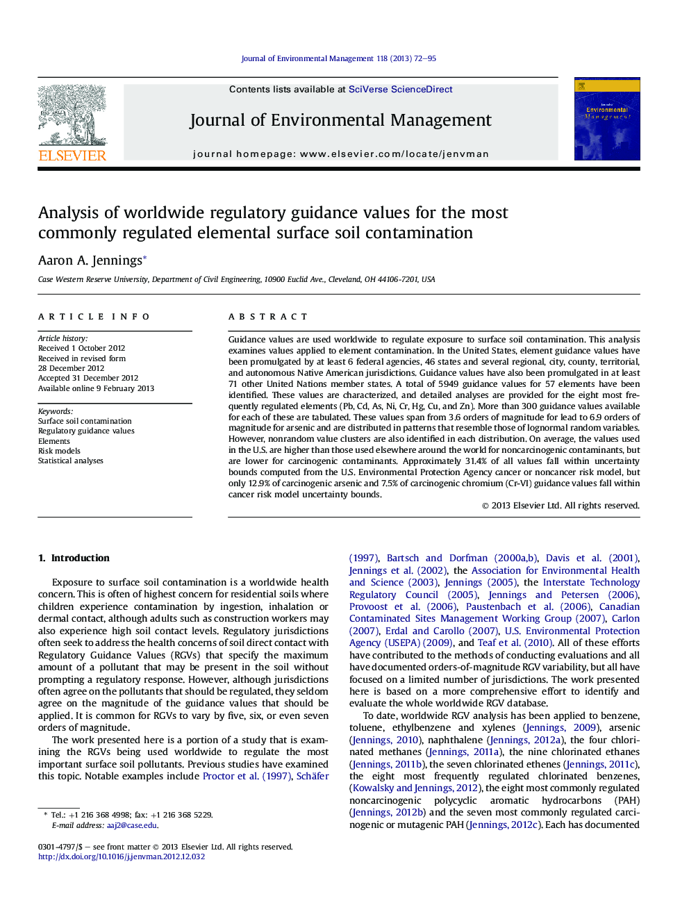 Analysis of worldwide regulatory guidance values for the most commonly regulated elemental surface soil contamination