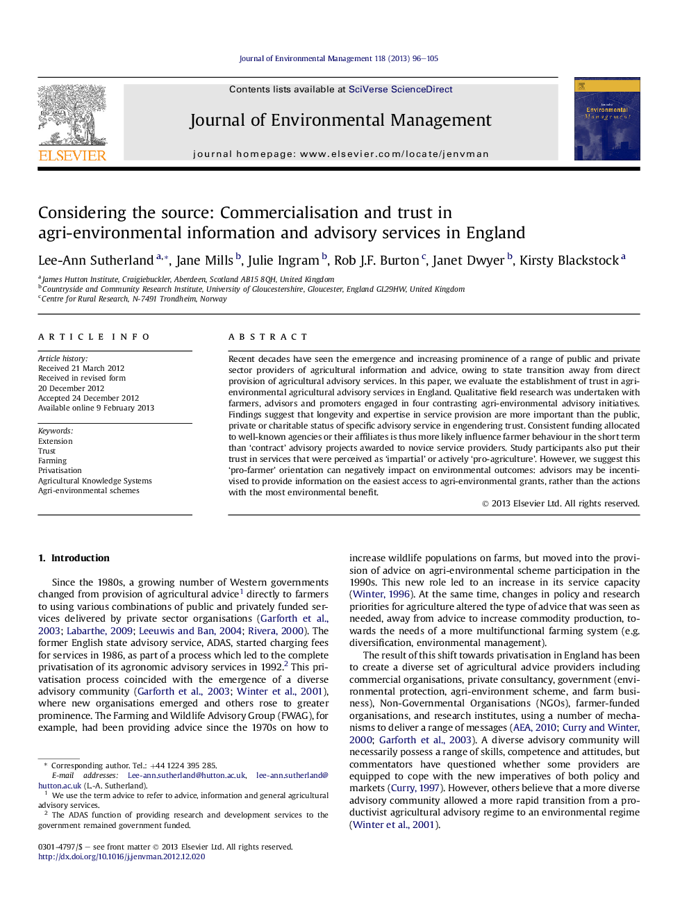 Considering the source: Commercialisation and trust in agri-environmental information and advisory services in England