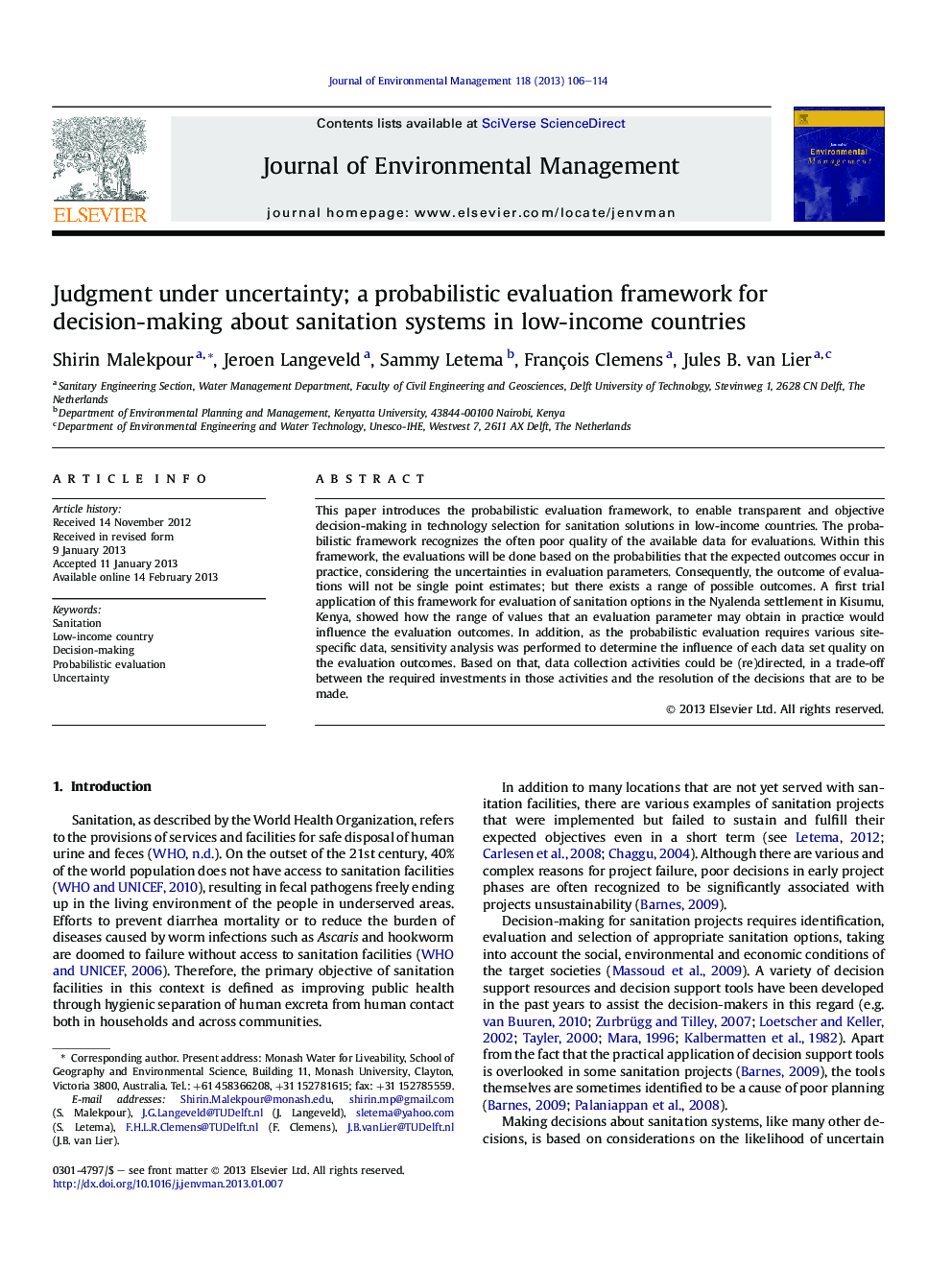 Judgment under uncertainty; a probabilistic evaluation framework for decision-making about sanitation systems in low-income countries