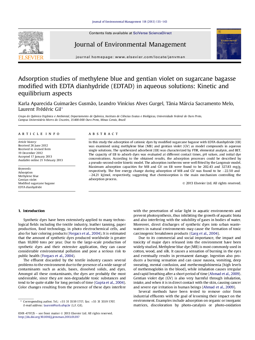 Adsorption studies of methylene blue and gentian violet on sugarcane bagasse modified with EDTA dianhydride (EDTAD) in aqueous solutions: Kinetic and equilibrium aspects