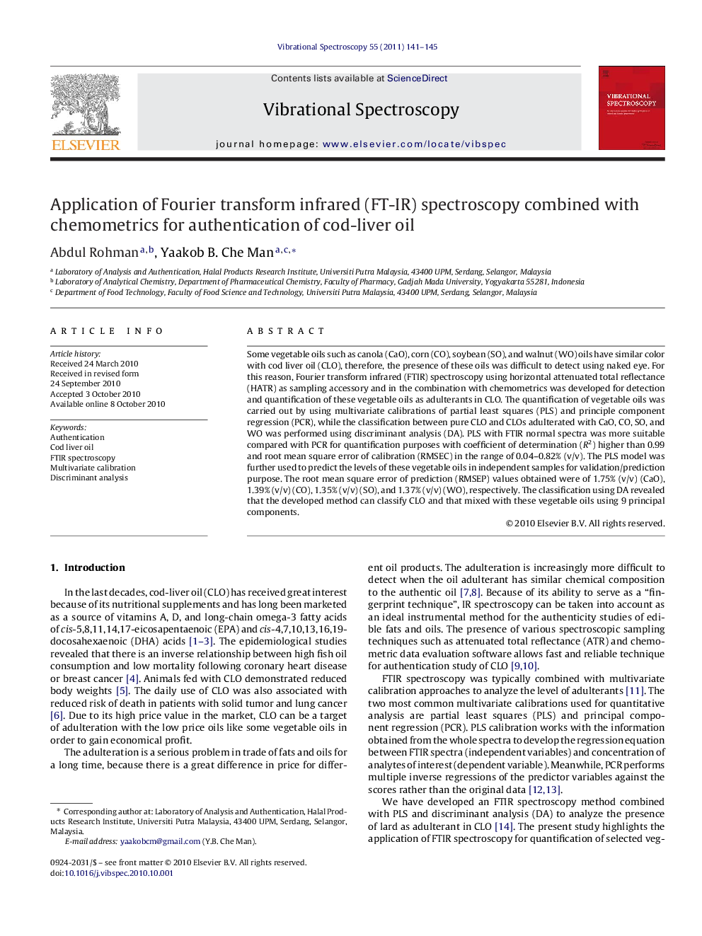 Application of Fourier transform infrared (FT-IR) spectroscopy combined with chemometrics for authentication of cod-liver oil