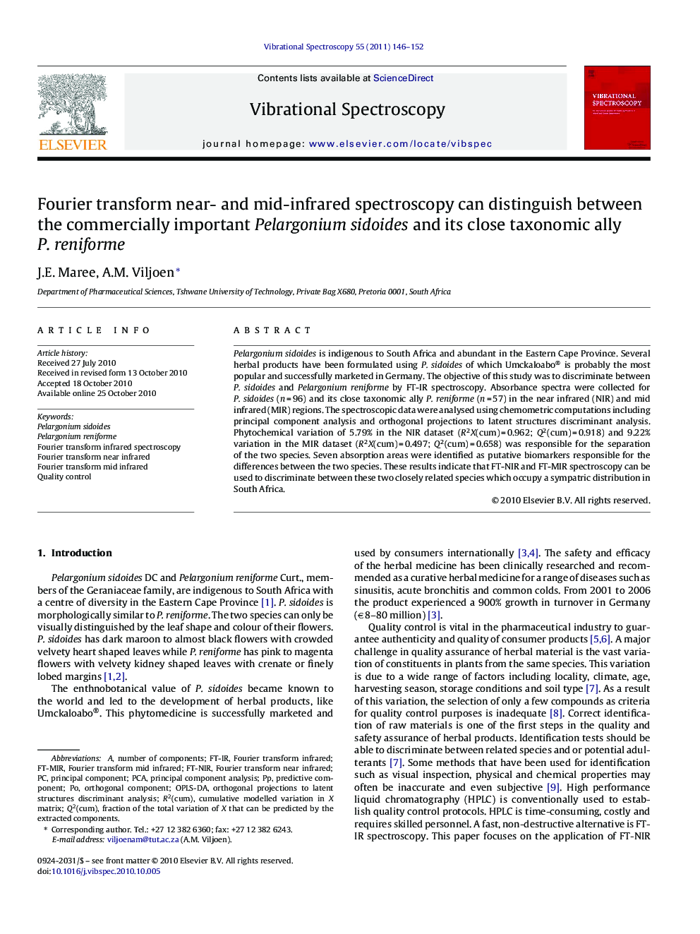 Fourier transform near- and mid-infrared spectroscopy can distinguish between the commercially important Pelargonium sidoides and its close taxonomic ally P. reniforme