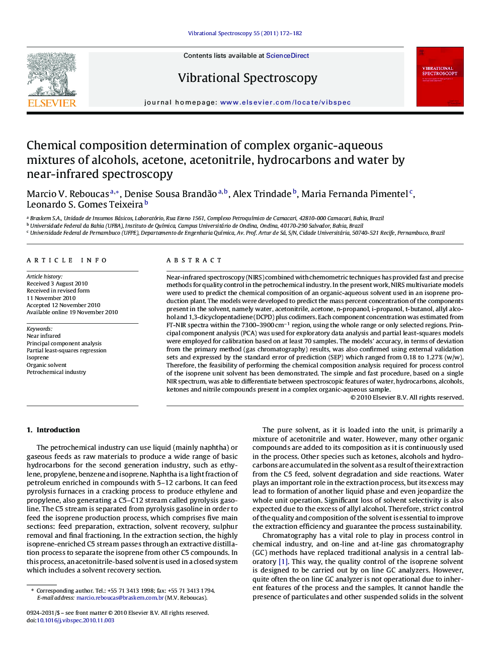 Chemical composition determination of complex organic-aqueous mixtures of alcohols, acetone, acetonitrile, hydrocarbons and water by near-infrared spectroscopy
