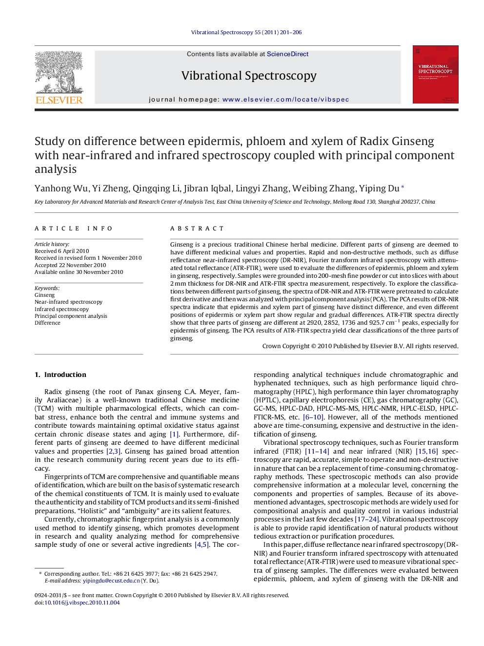 Study on difference between epidermis, phloem and xylem of Radix Ginseng with near-infrared and infrared spectroscopy coupled with principal component analysis