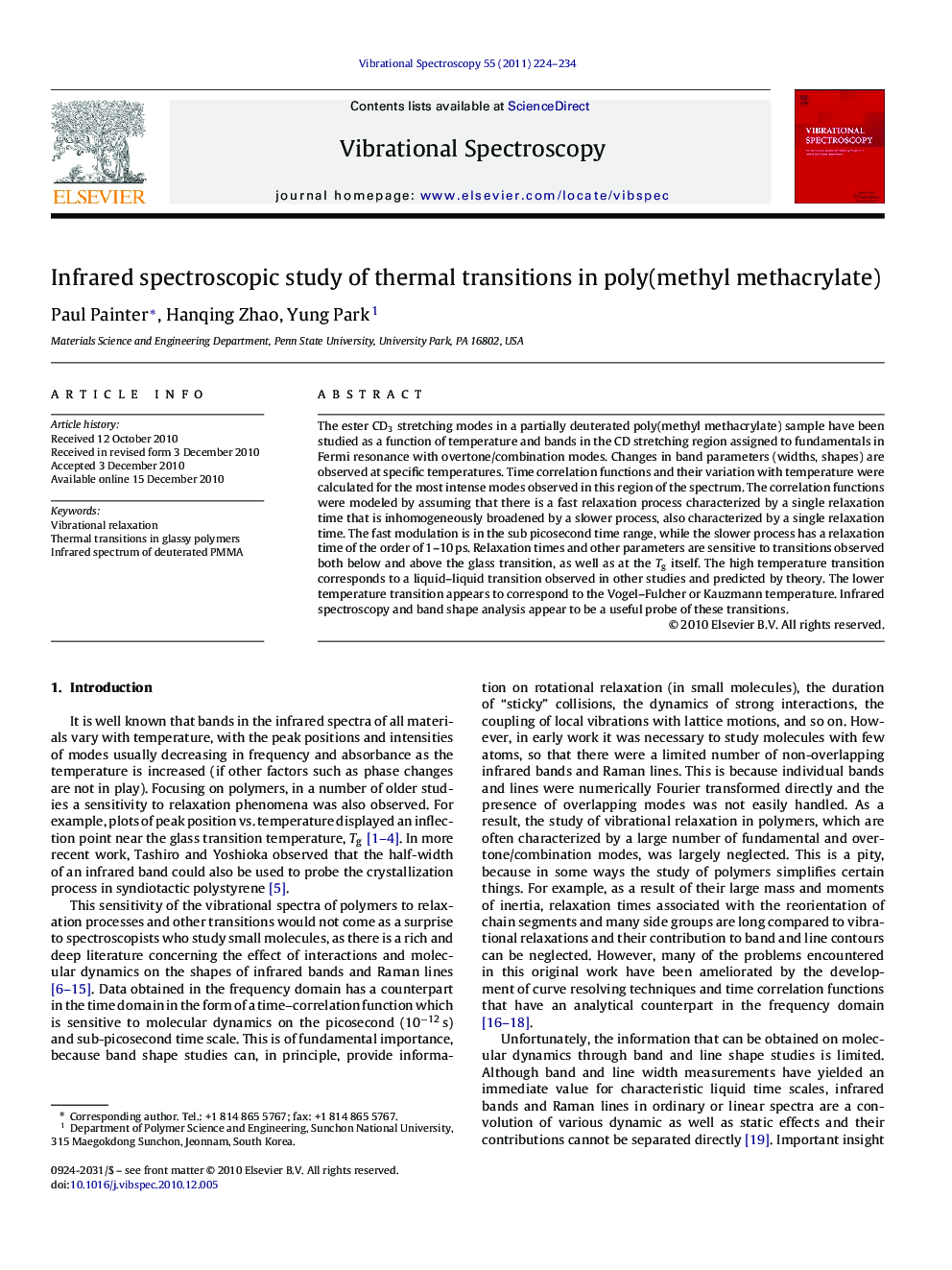 Infrared spectroscopic study of thermal transitions in poly(methyl methacrylate)