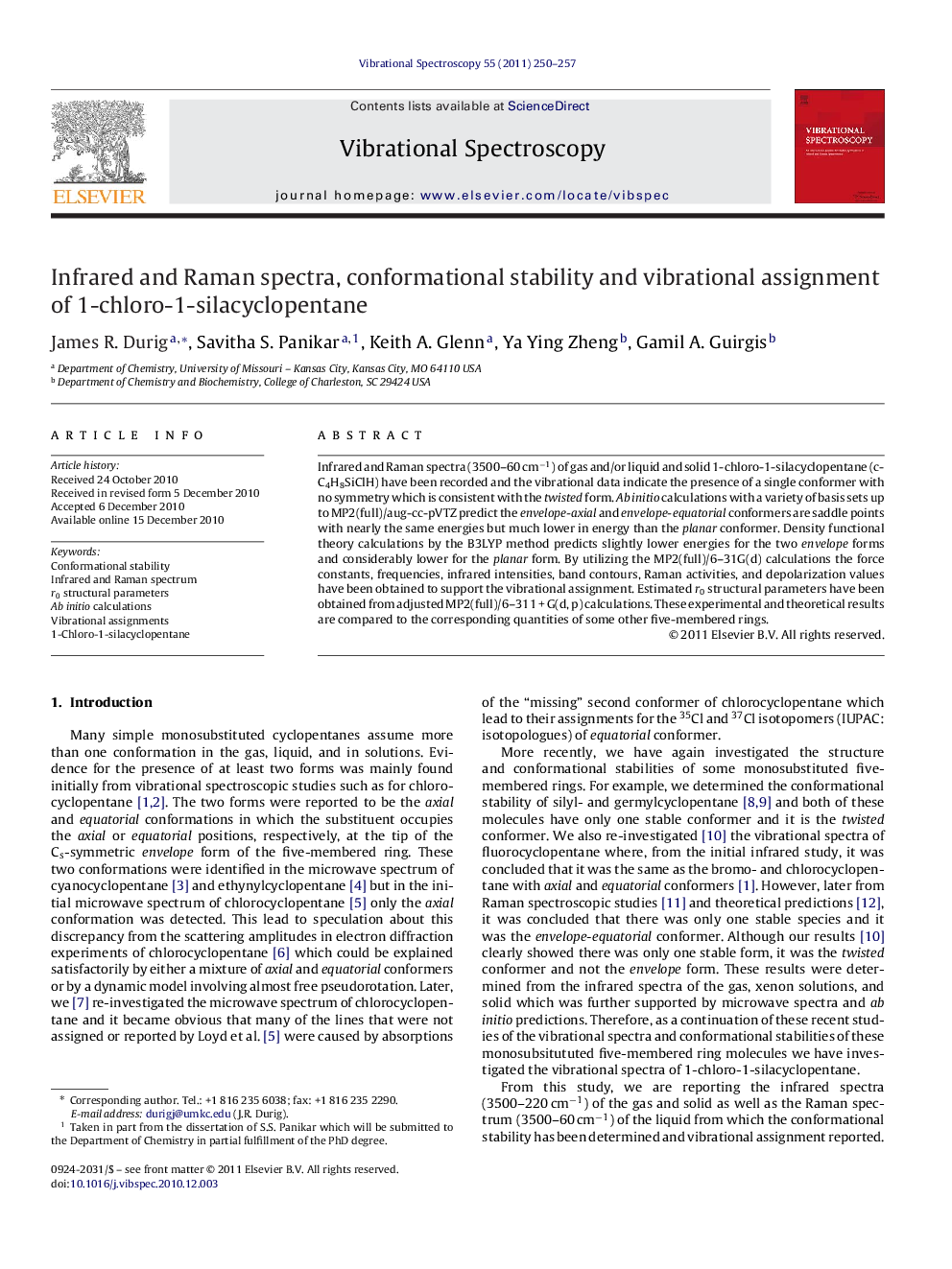 Infrared and Raman spectra, conformational stability and vibrational assignment of 1-chloro-1-silacyclopentane