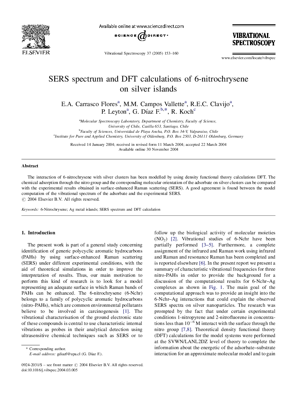 SERS spectrum and DFT calculations of 6-nitrochrysene on silver islands