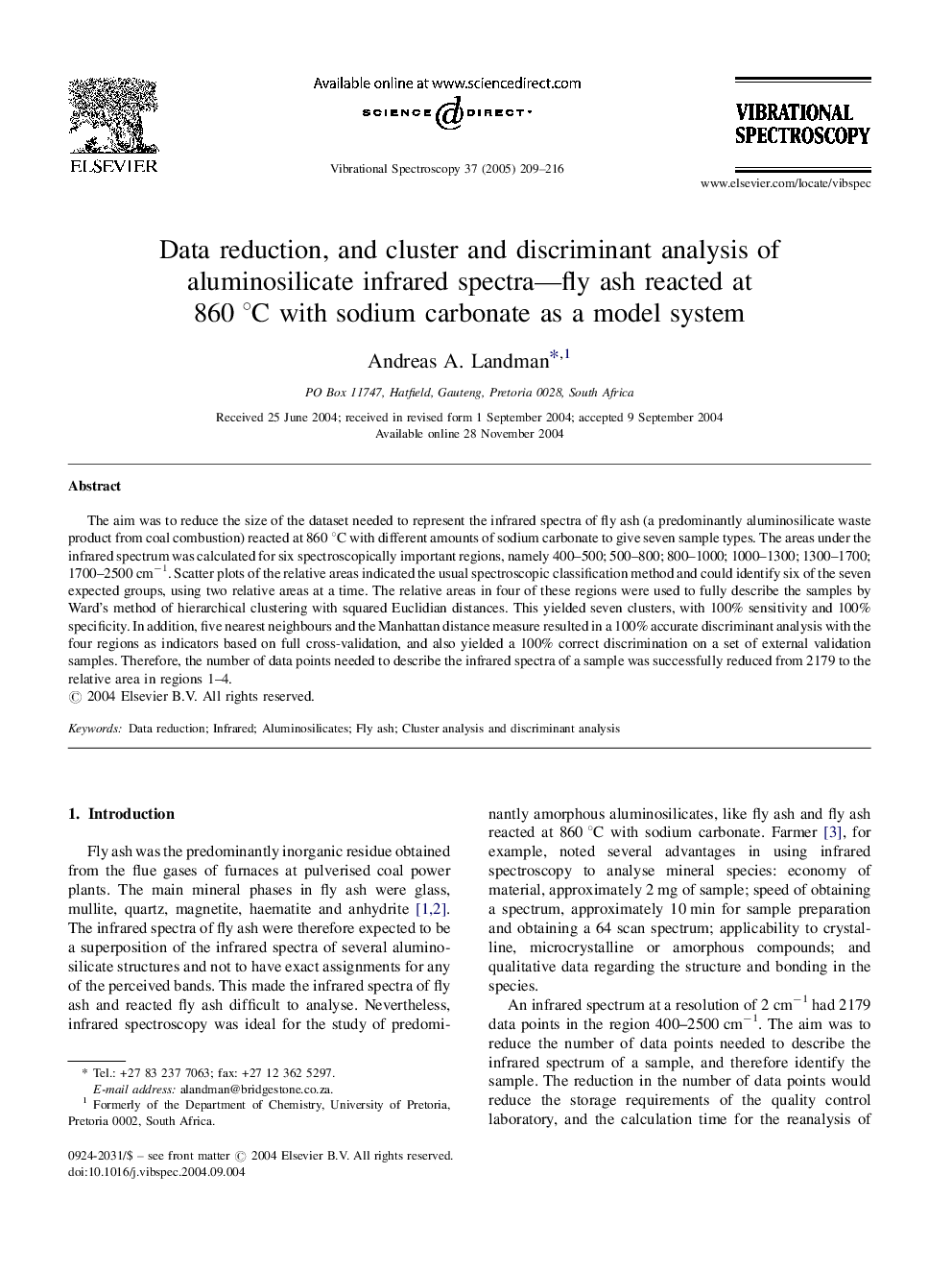 Data reduction, and cluster and discriminant analysis of aluminosilicate infrared spectra-fly ash reacted at 860Â Â°C with sodium carbonate as a model system