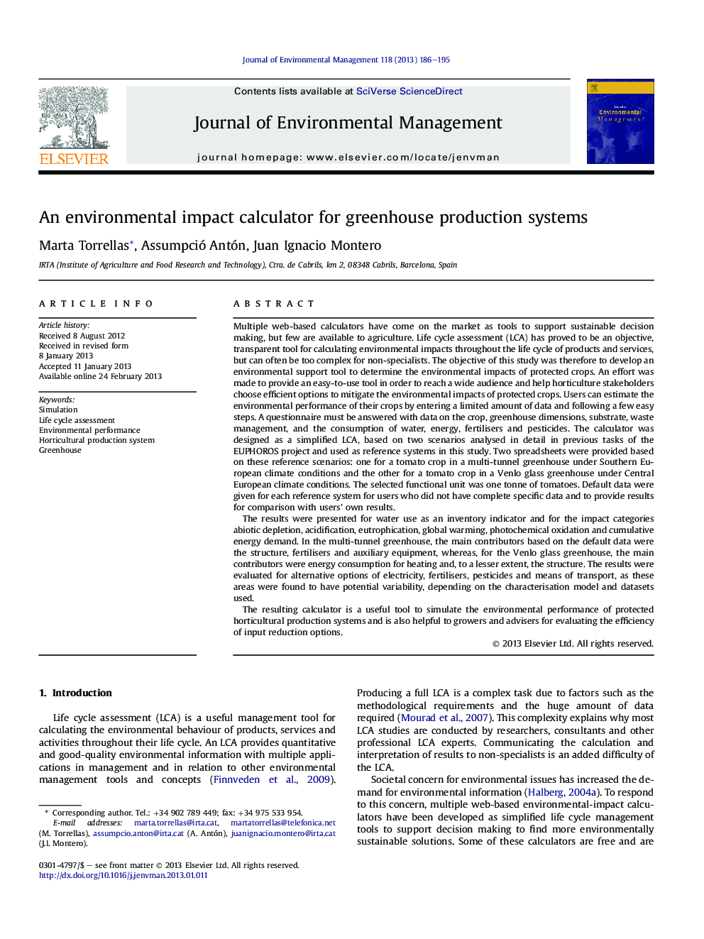 An environmental impact calculator for greenhouse production systems