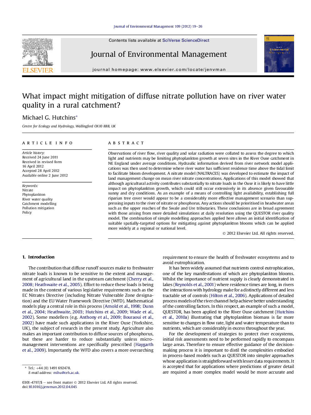 What impact might mitigation of diffuse nitrate pollution have on river water quality in a rural catchment?