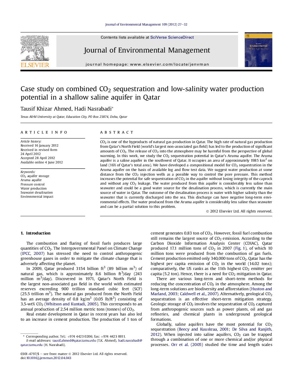 Case study on combined CO2 sequestration and low-salinity water production potential in a shallow saline aquifer in Qatar