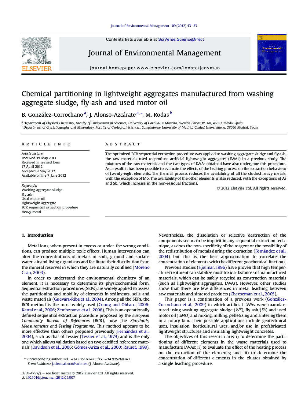 Chemical partitioning in lightweight aggregates manufactured from washing aggregate sludge, fly ash and used motor oil