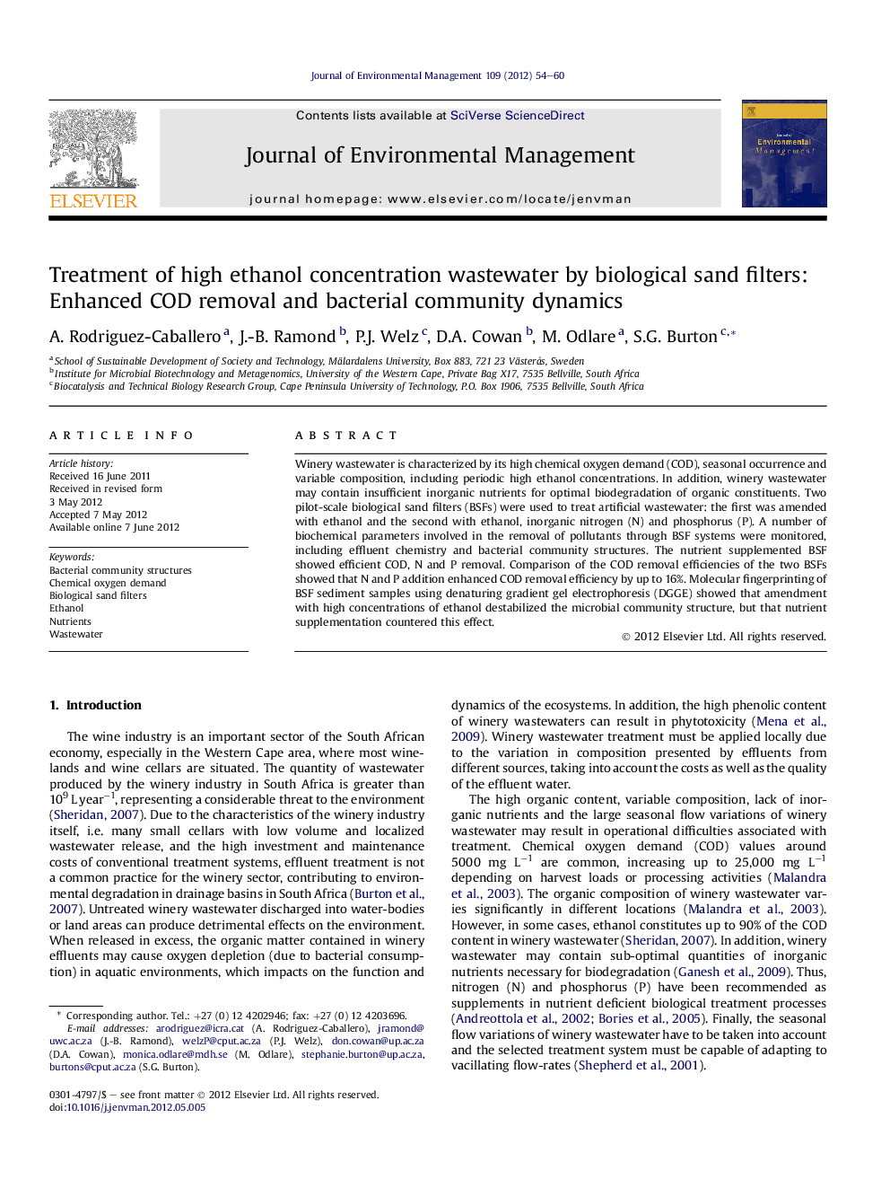 Treatment of high ethanol concentration wastewater by biological sand filters: Enhanced COD removal and bacterial community dynamics