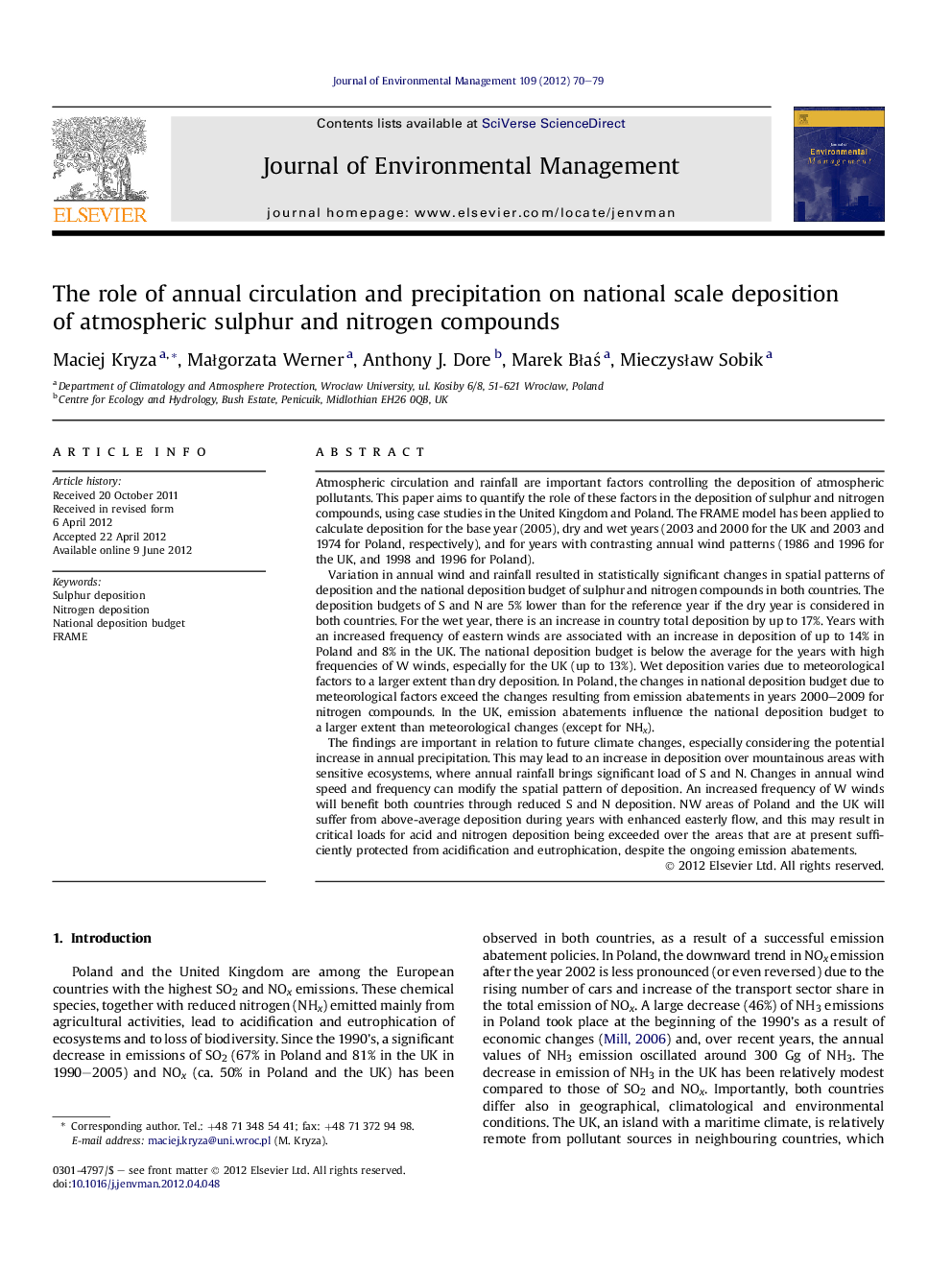 The role of annual circulation and precipitation on national scale deposition of atmospheric sulphur and nitrogen compounds