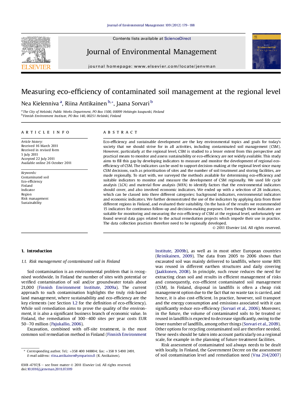 Measuring eco-efficiency of contaminated soil management at the regional level