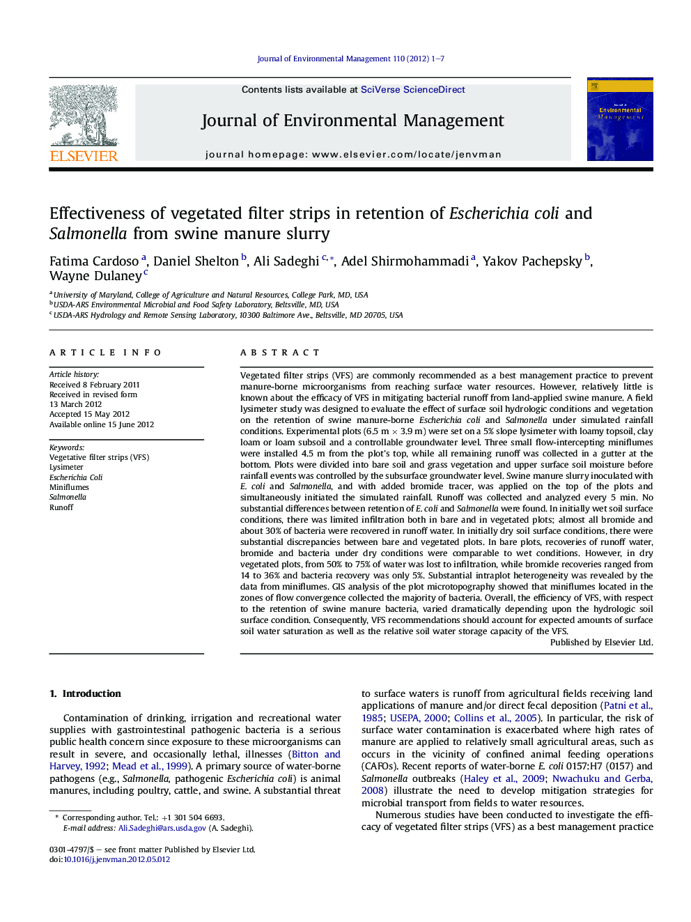 Effectiveness of vegetated filter strips in retention of Escherichia coli and Salmonella from swine manure slurry