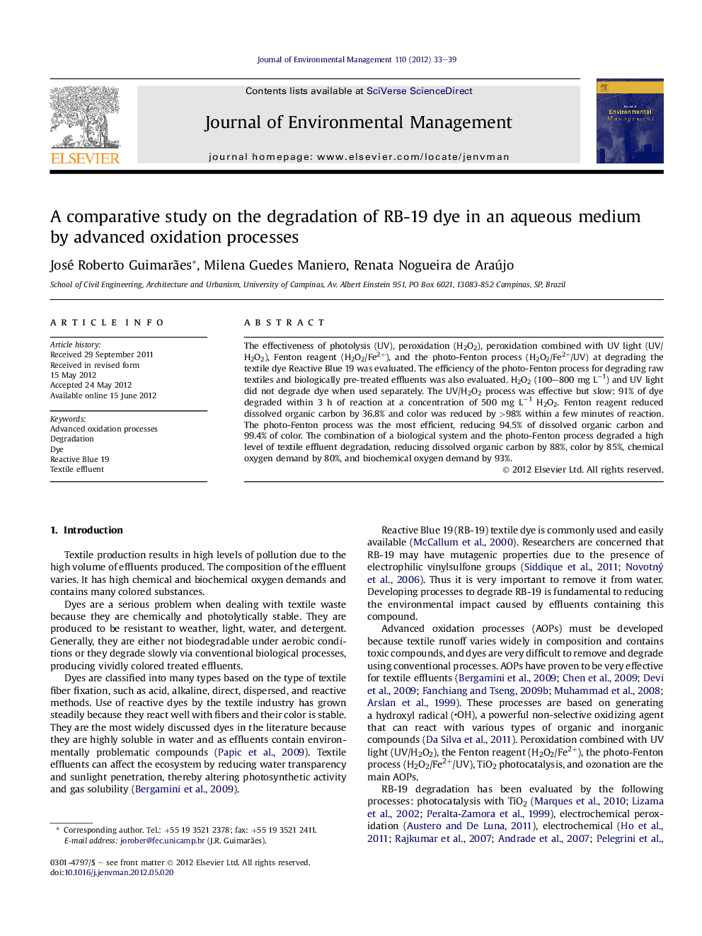 A comparative study on the degradation of RB-19 dye in an aqueous medium by advanced oxidation processes