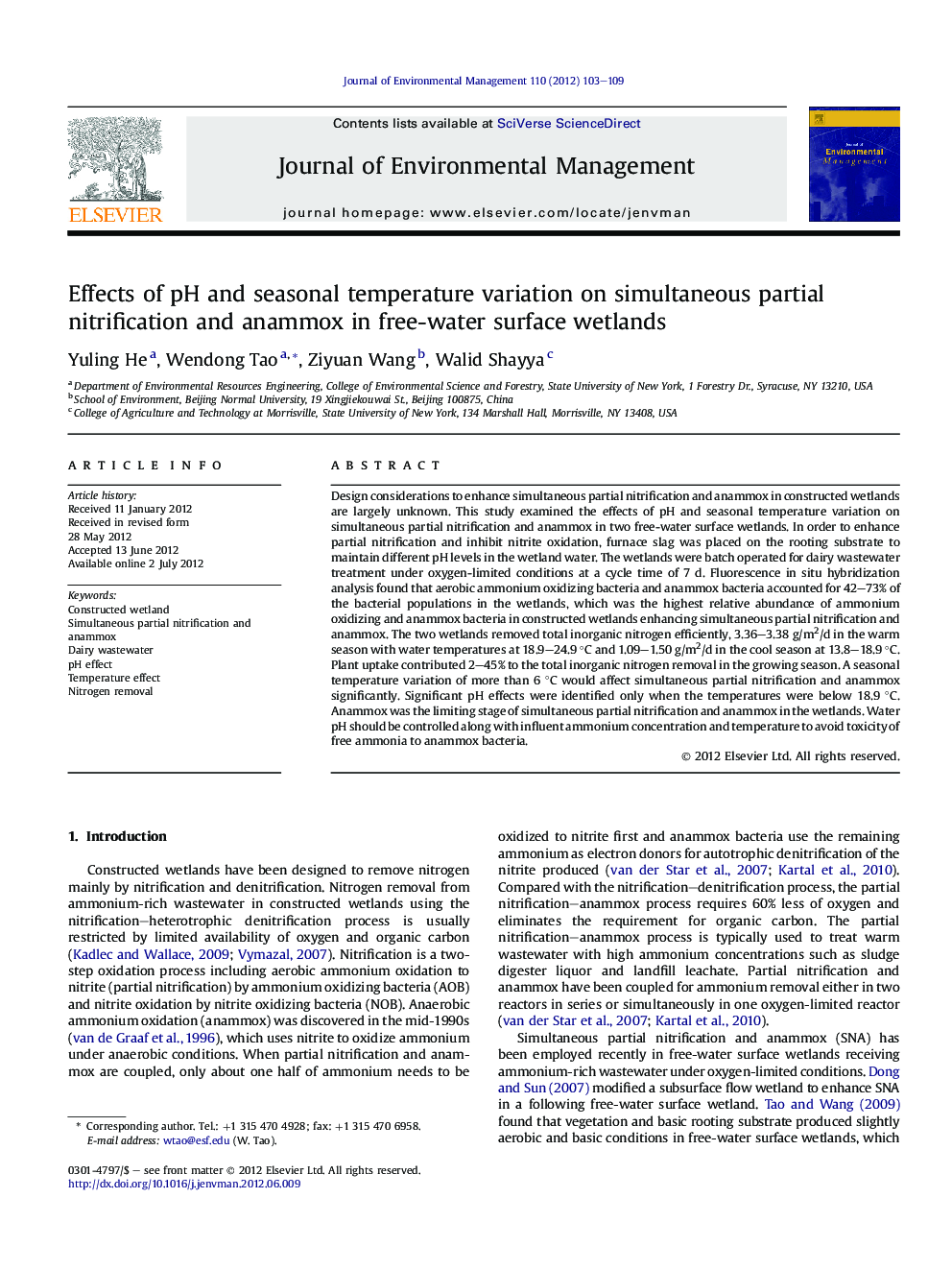 Effects of pH and seasonal temperature variation on simultaneous partial nitrification and anammox in free-water surface wetlands