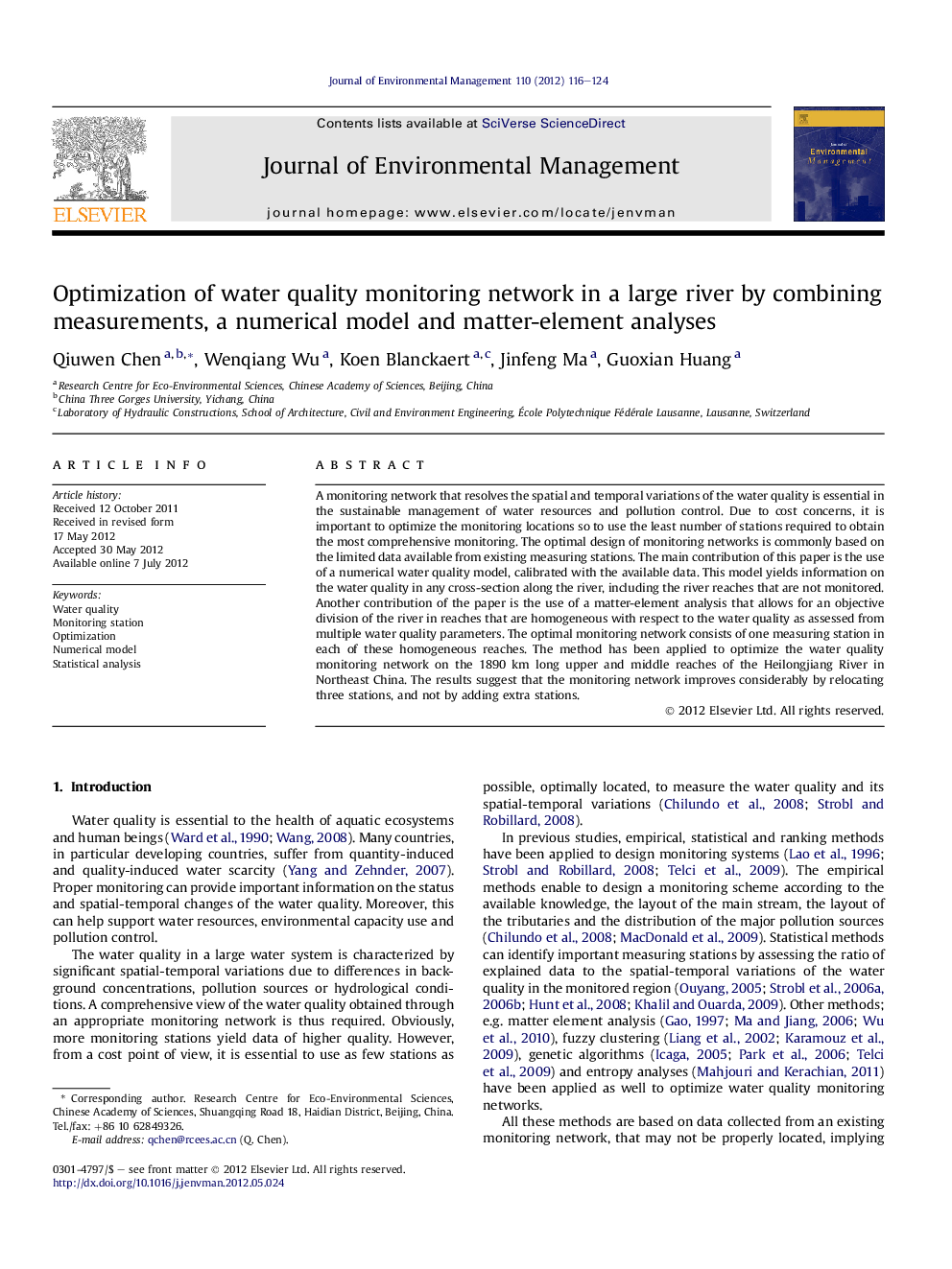 Optimization of water quality monitoring network in a large river by combining measurements, a numerical model and matter-element analyses