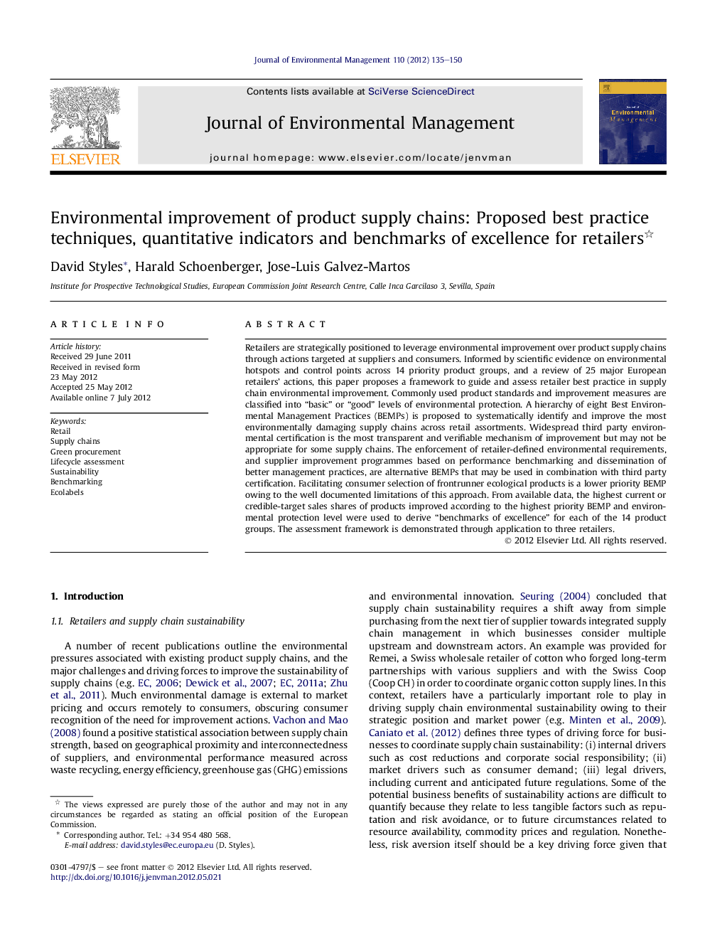 Environmental improvement of product supply chains: Proposed best practice techniques, quantitative indicators and benchmarks of excellence for retailers 