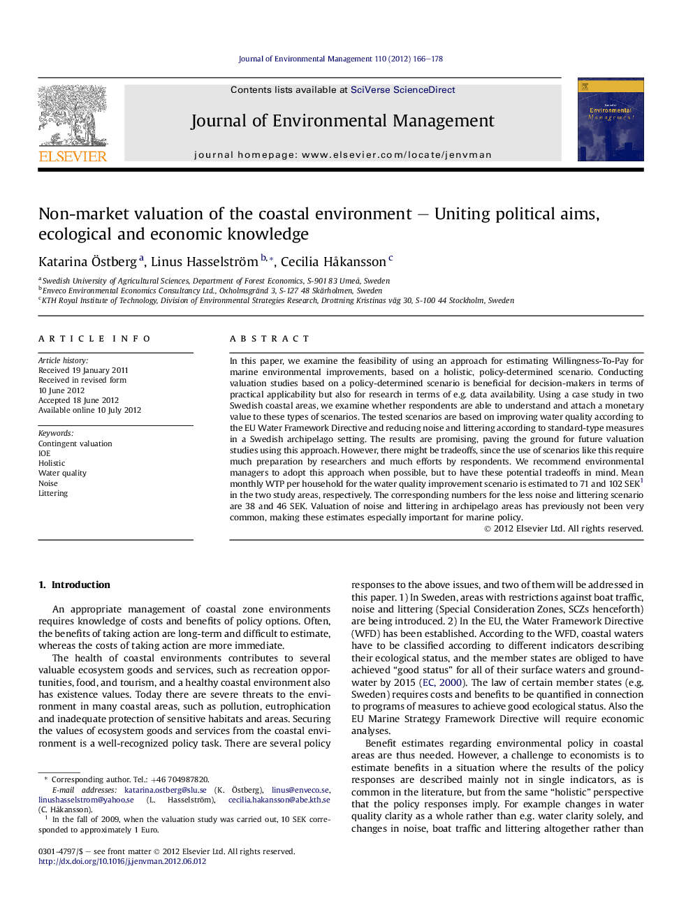 Non-market valuation of the coastal environment – Uniting political aims, ecological and economic knowledge