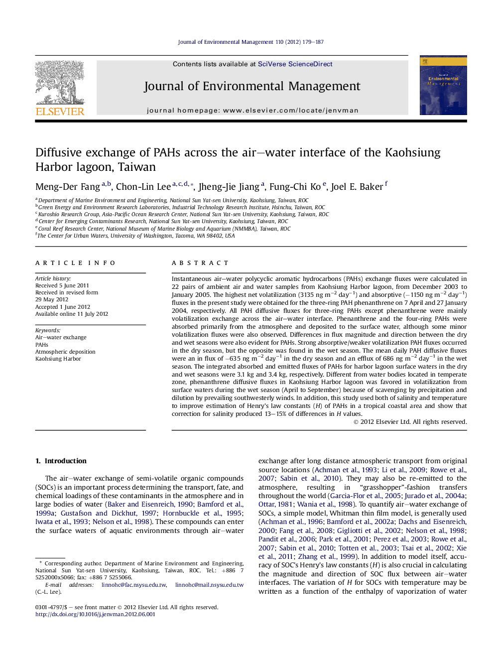 Diffusive exchange of PAHs across the air–water interface of the Kaohsiung Harbor lagoon, Taiwan