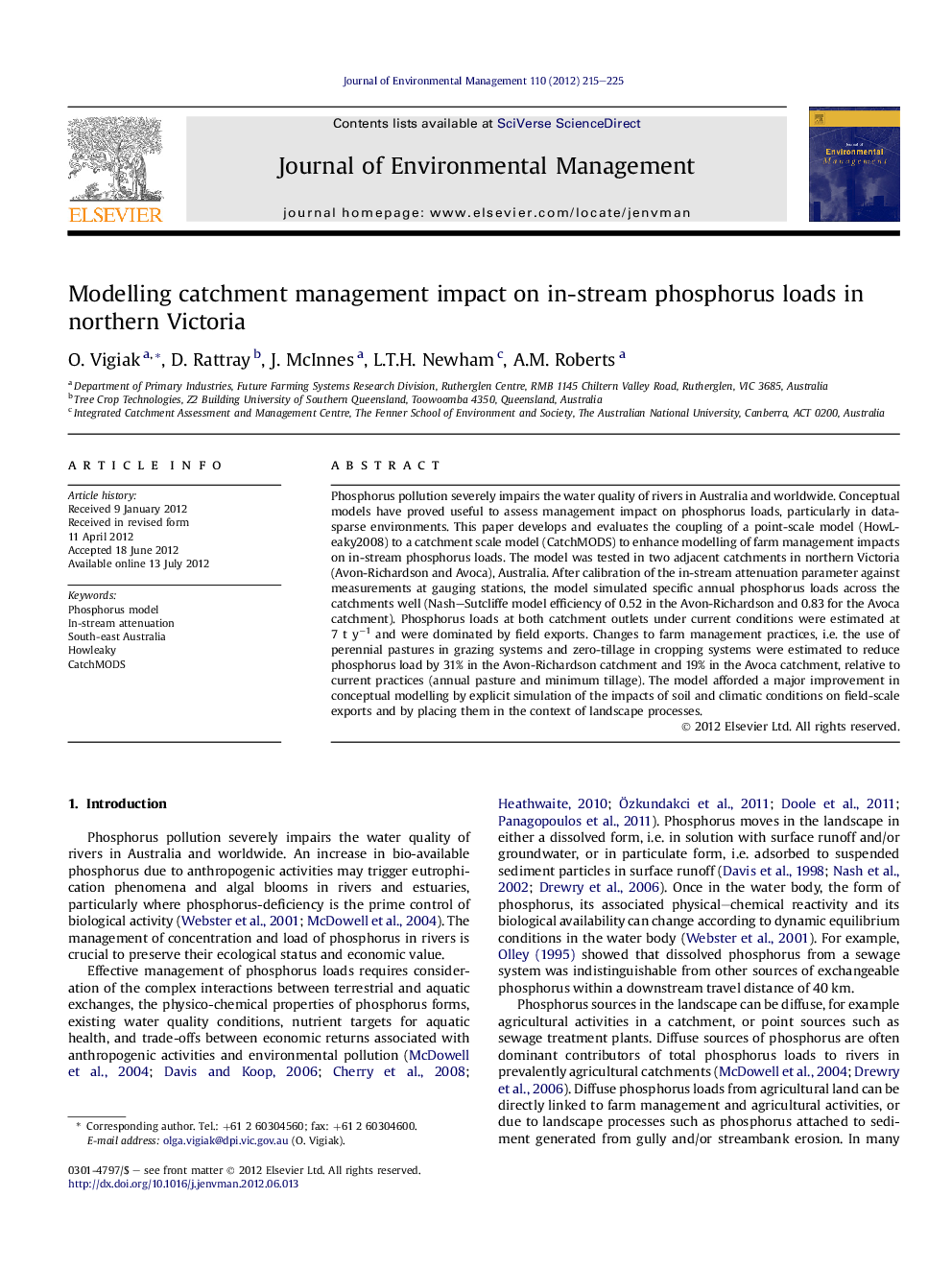 Modelling catchment management impact on in-stream phosphorus loads in northern Victoria