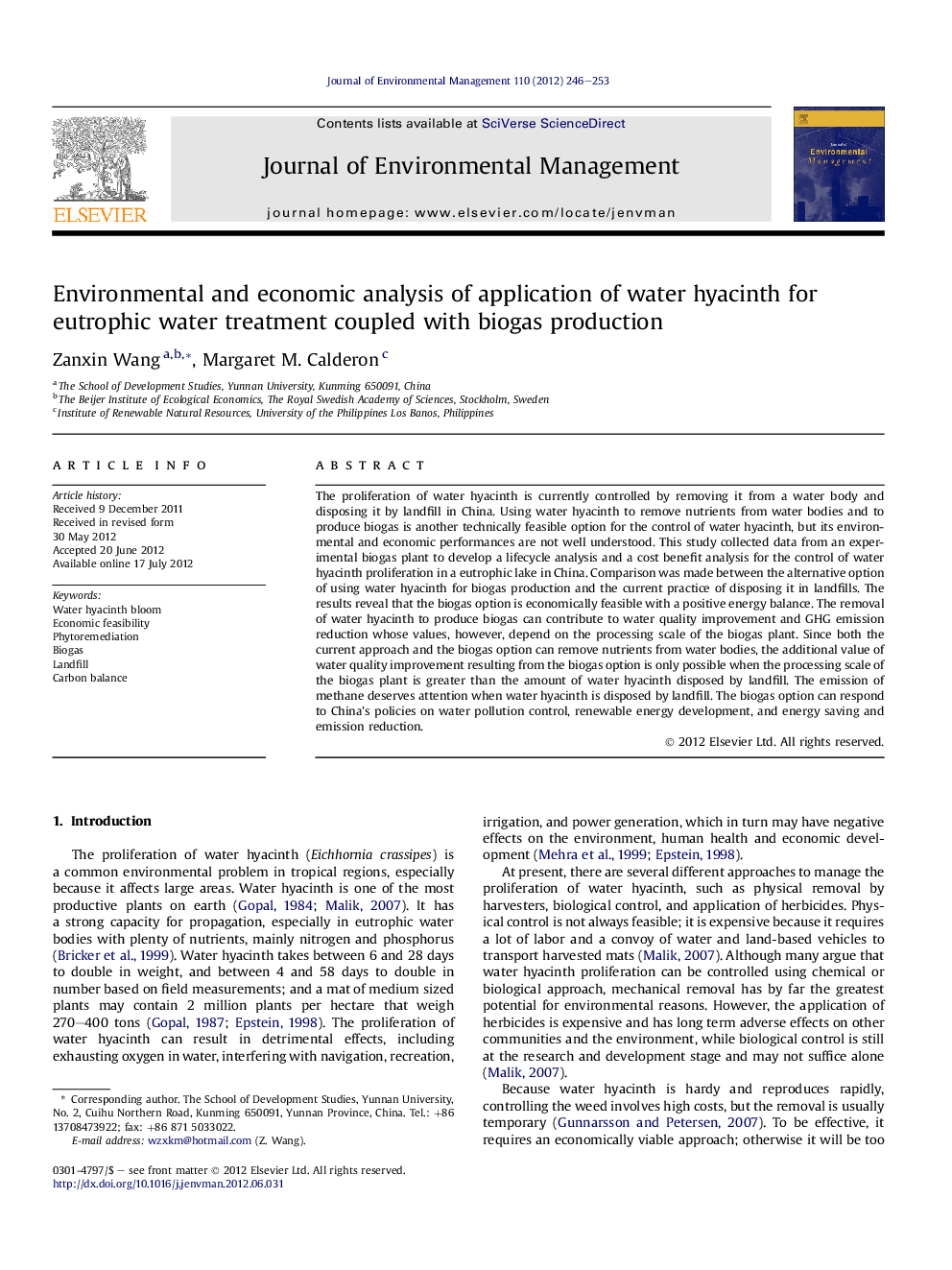 Environmental and economic analysis of application of water hyacinth for eutrophic water treatment coupled with biogas production