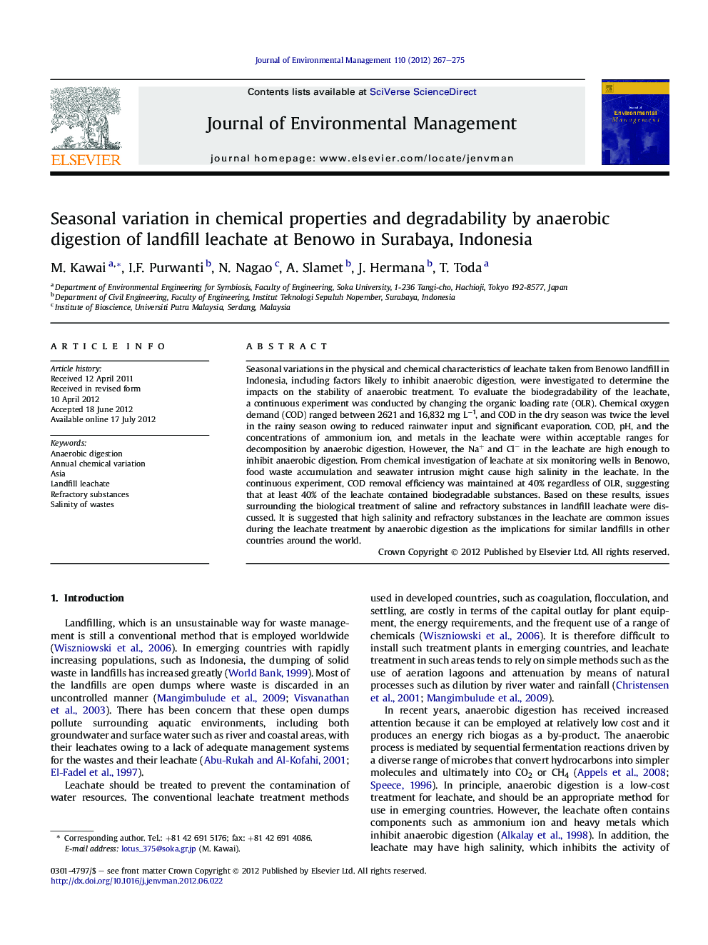 Seasonal variation in chemical properties and degradability by anaerobic digestion of landfill leachate at Benowo in Surabaya, Indonesia