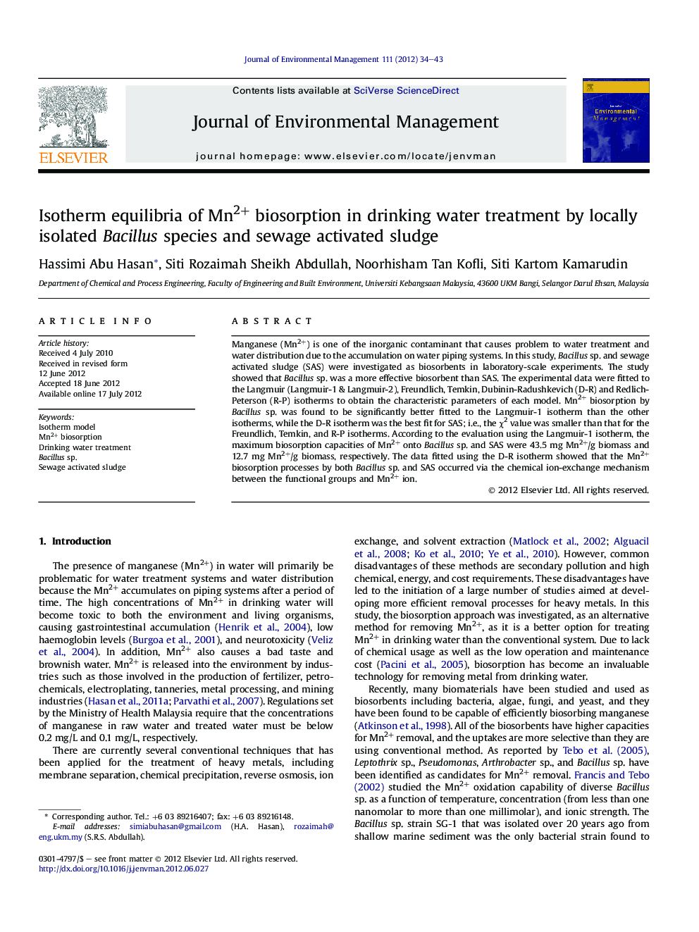 Isotherm equilibria of Mn2+ biosorption in drinking water treatment by locally isolated Bacillus species and sewage activated sludge