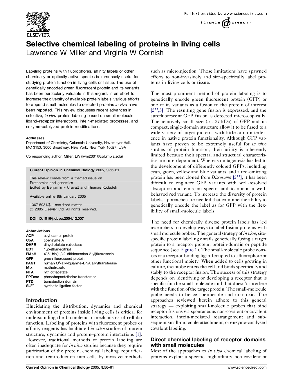 Selective chemical labeling of proteins in living cells