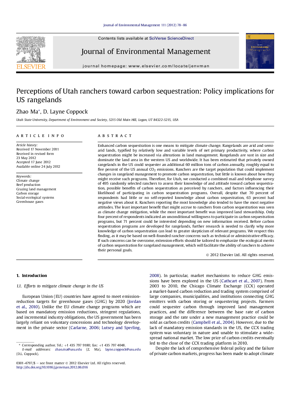 Perceptions of Utah ranchers toward carbon sequestration: Policy implications for US rangelands