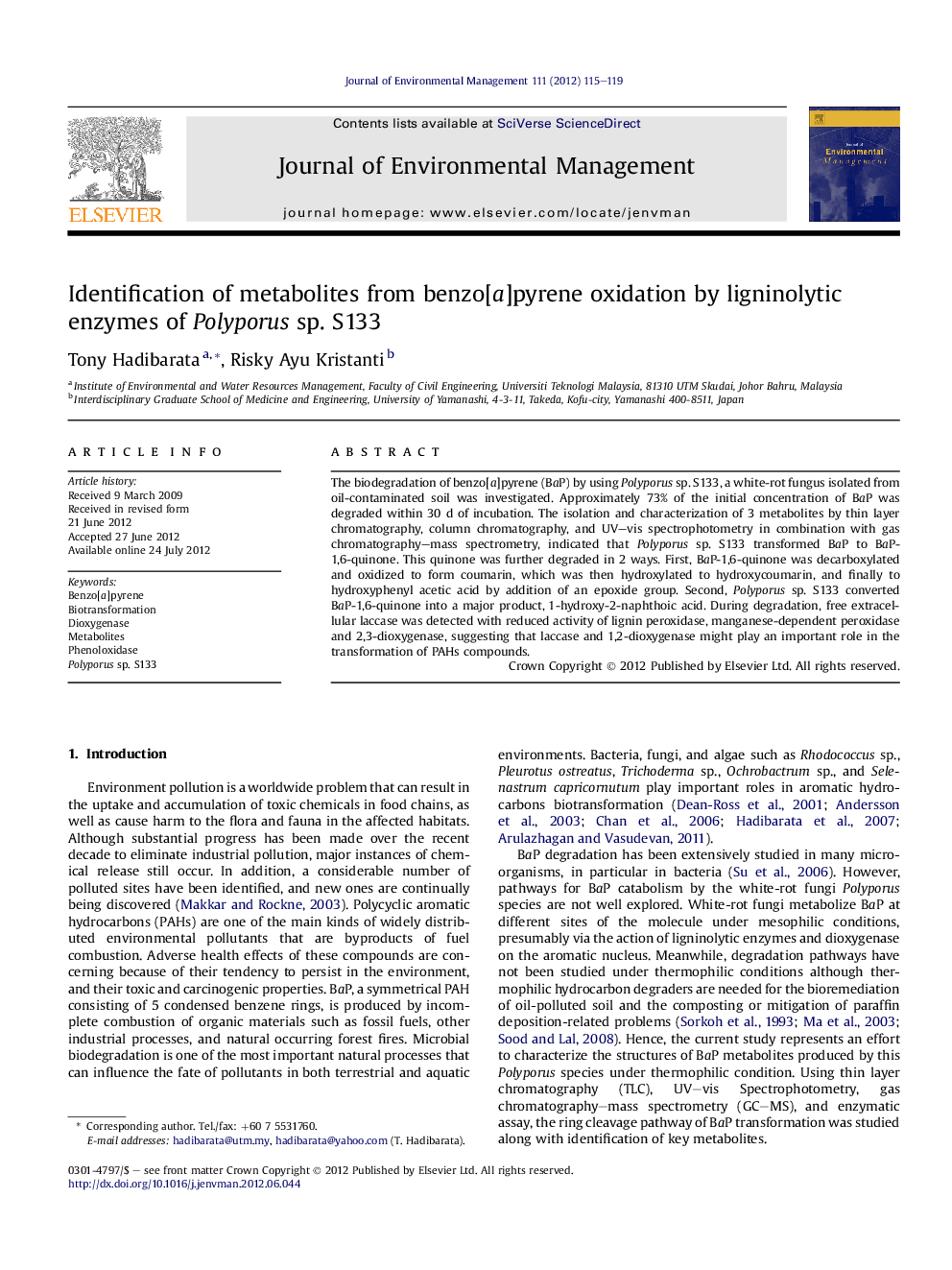 Identification of metabolites from benzo[a]pyrene oxidation by ligninolytic enzymes of Polyporus sp. S133