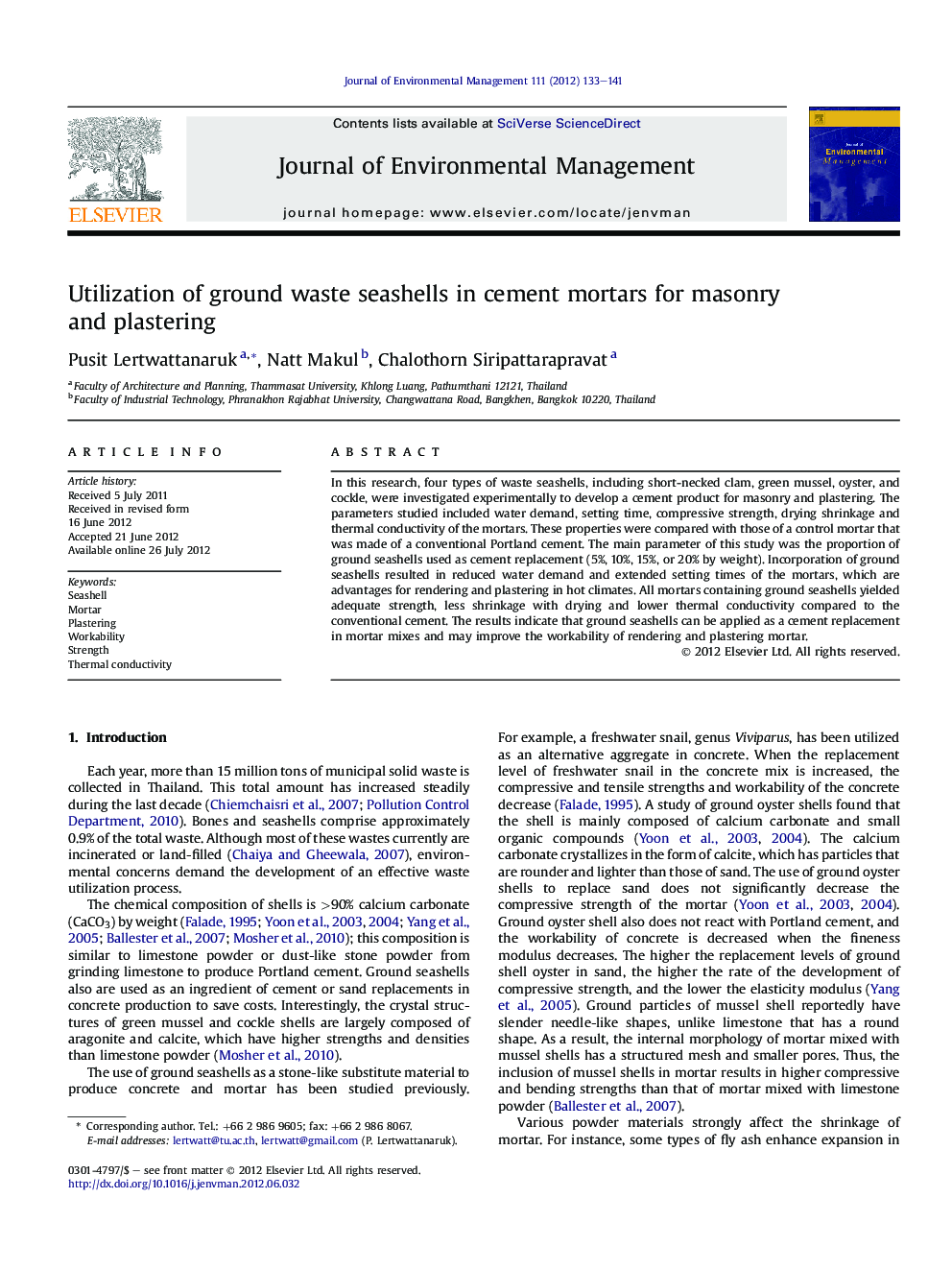 Utilization of ground waste seashells in cement mortars for masonry and plastering