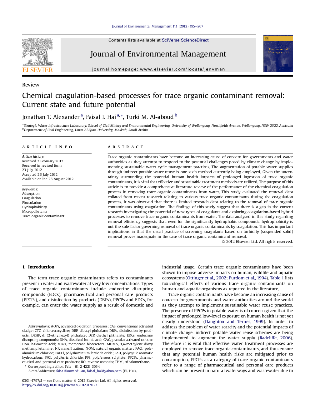 Chemical coagulation-based processes for trace organic contaminant removal: Current state and future potential