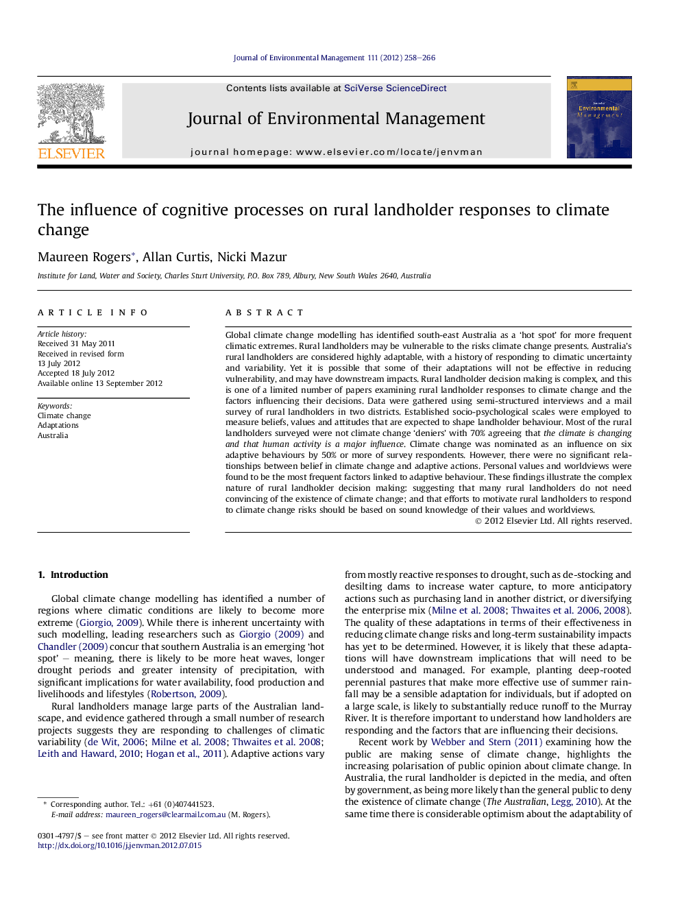 The influence of cognitive processes on rural landholder responses to climate change