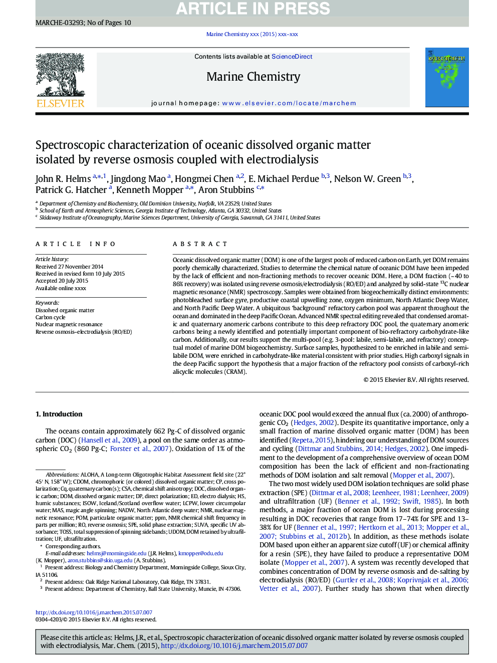 Spectroscopic characterization of oceanic dissolved organic matter isolated by reverse osmosis coupled with electrodialysis