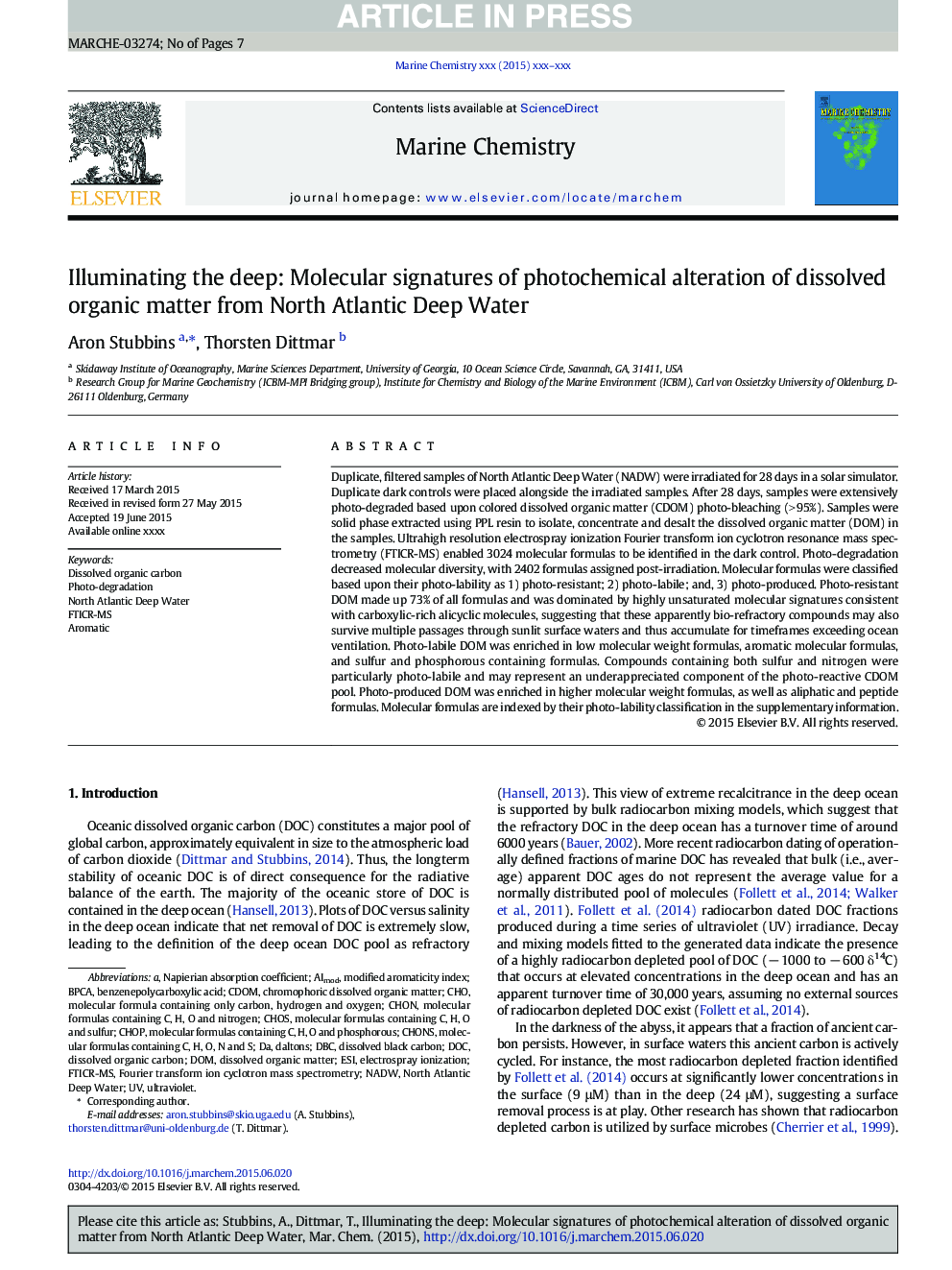 Illuminating the deep: Molecular signatures of photochemical alteration of dissolved organic matter from North Atlantic Deep Water