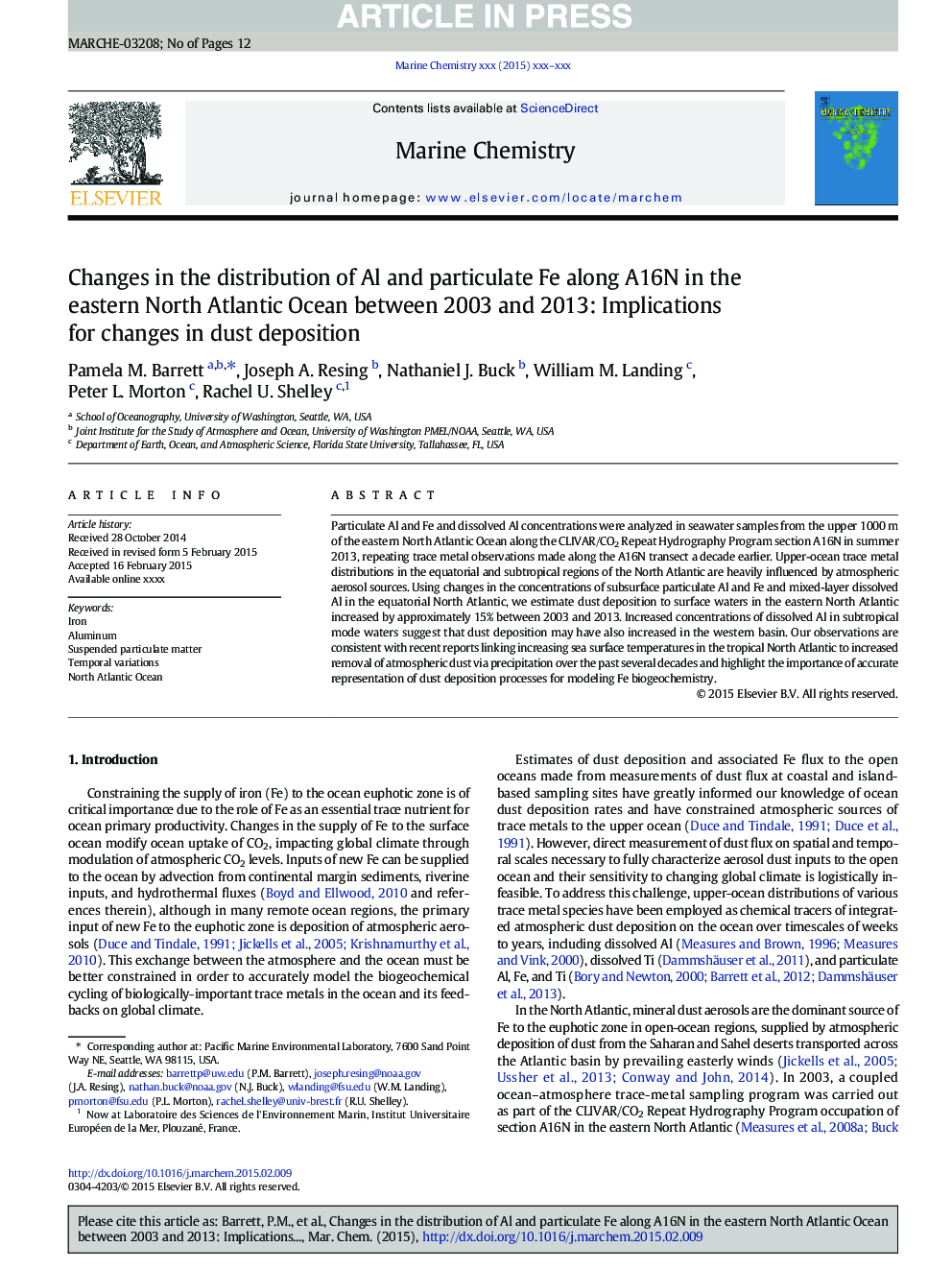 Changes in the distribution of Al and particulate Fe along A16N in the eastern North Atlantic Ocean between 2003 and 2013: Implications for changes in dust deposition