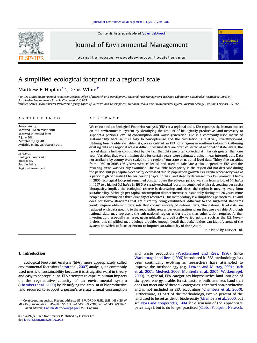 A simplified ecological footprint at a regional scale